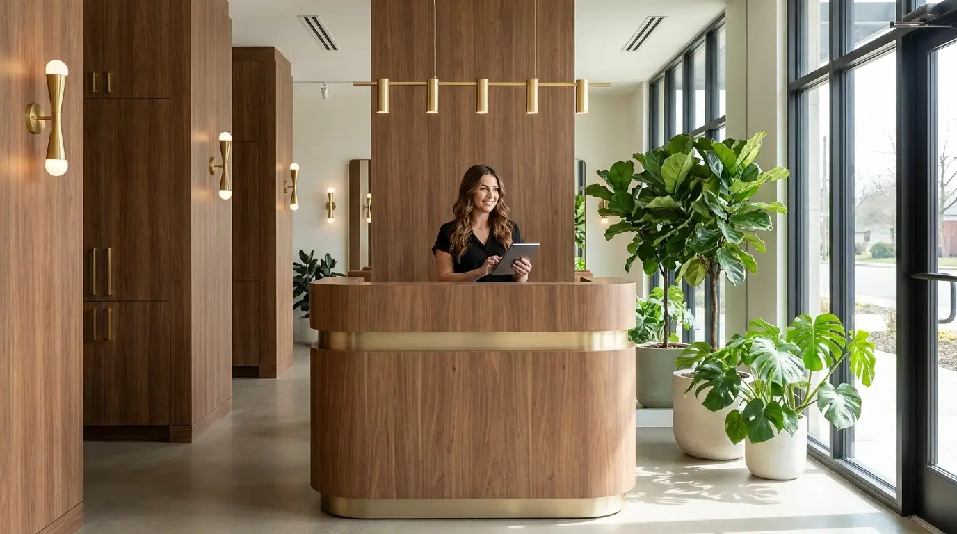 Modern salon reception managed with Solora
